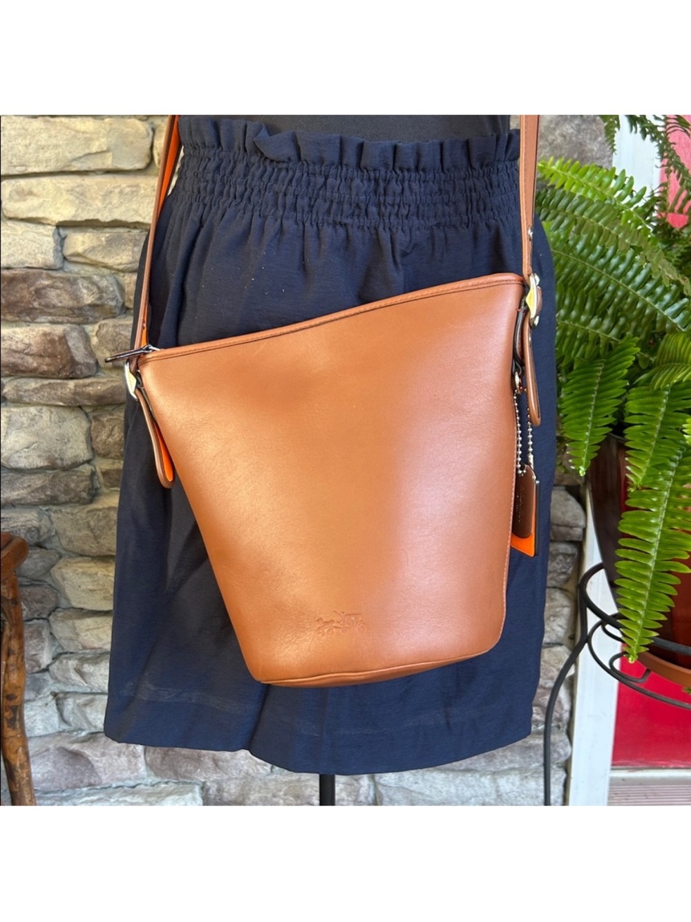 Coach duffle Leather Bucket Crossbody Bag in Tan Glo Orange 34407